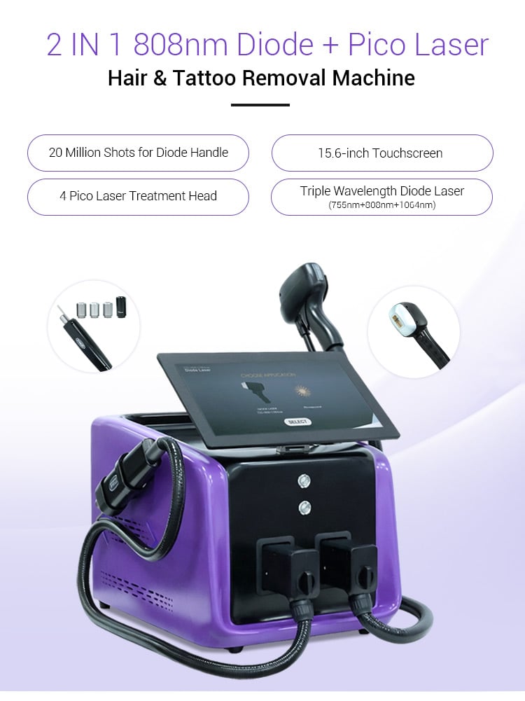 EN222 2-in-1 808nm diode and picosecond laser hair and tattoo removal machine with diode handle and four picosecond heads