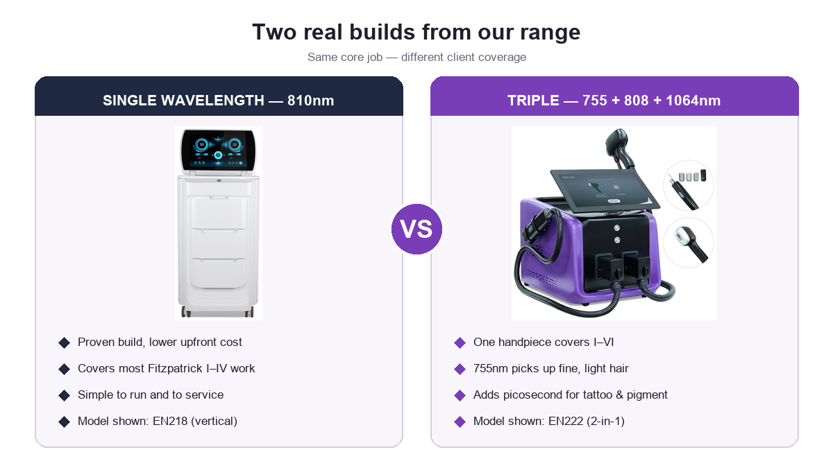 EN218 810nm single-wavelength diode laser machine compared with EN222 triple-wavelength 755+808+1064nm 2-in-1 machine
