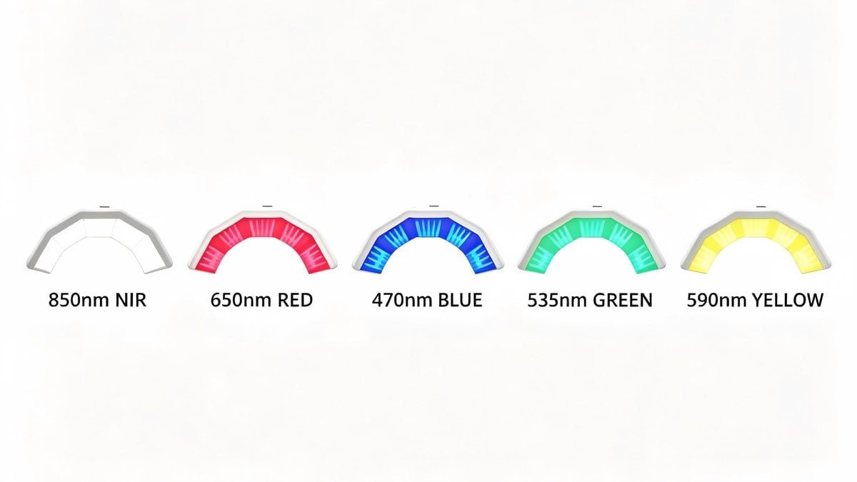 Five LED wavelengths on a professional PDT machine: 850nm NIR, 650nm red, 470nm blue, 535nm green, 590nm yellow