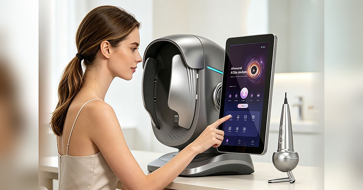 Client using JC089 AI skin analyzer machine with touchscreen and handheld detector in a clinic