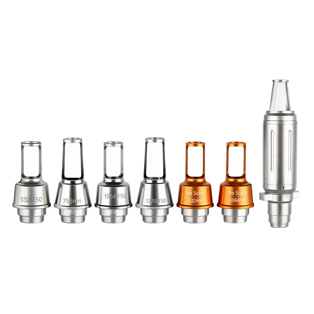 Seven treatment heads of the EN211 4-wavelength picosecond laser tattoo removal machine, including zoom and non-invasive heads