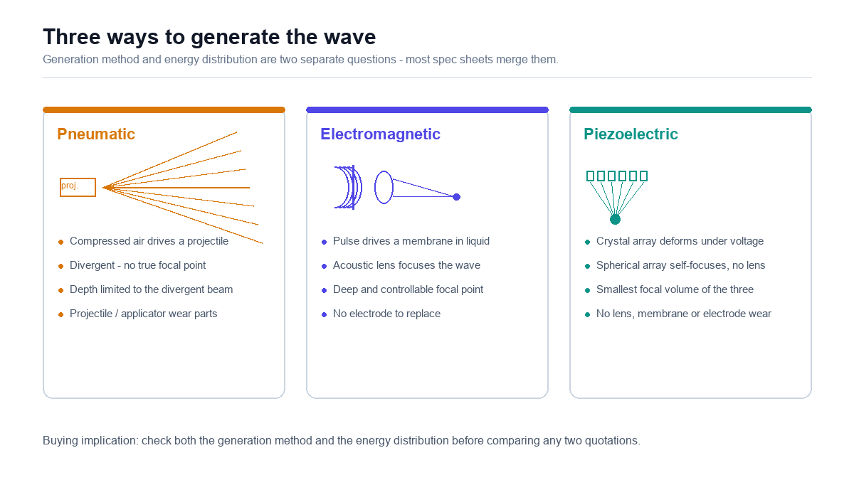Diagram comparing pneumatic, electromagnetic and piezoelectric shockwave generation methods
