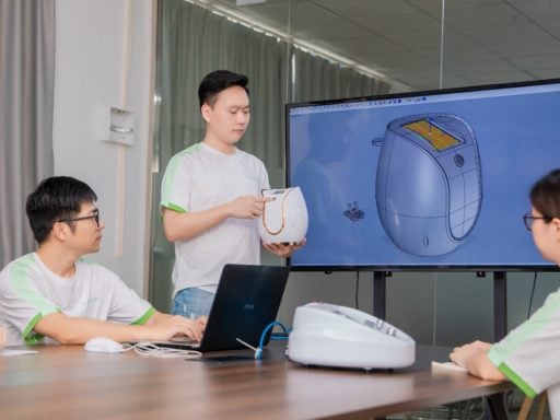 Два сотрудника обсуждают эскиз клиента'.