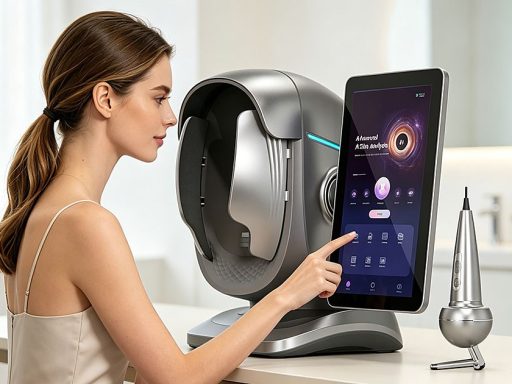 Client using JC089 AI skin analyzer machine with touchscreen and handheld detector in a clinic