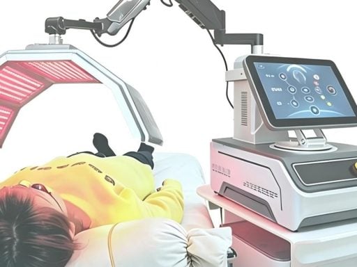 Client receiving red LED light therapy with a professional PDT machine in a clinic